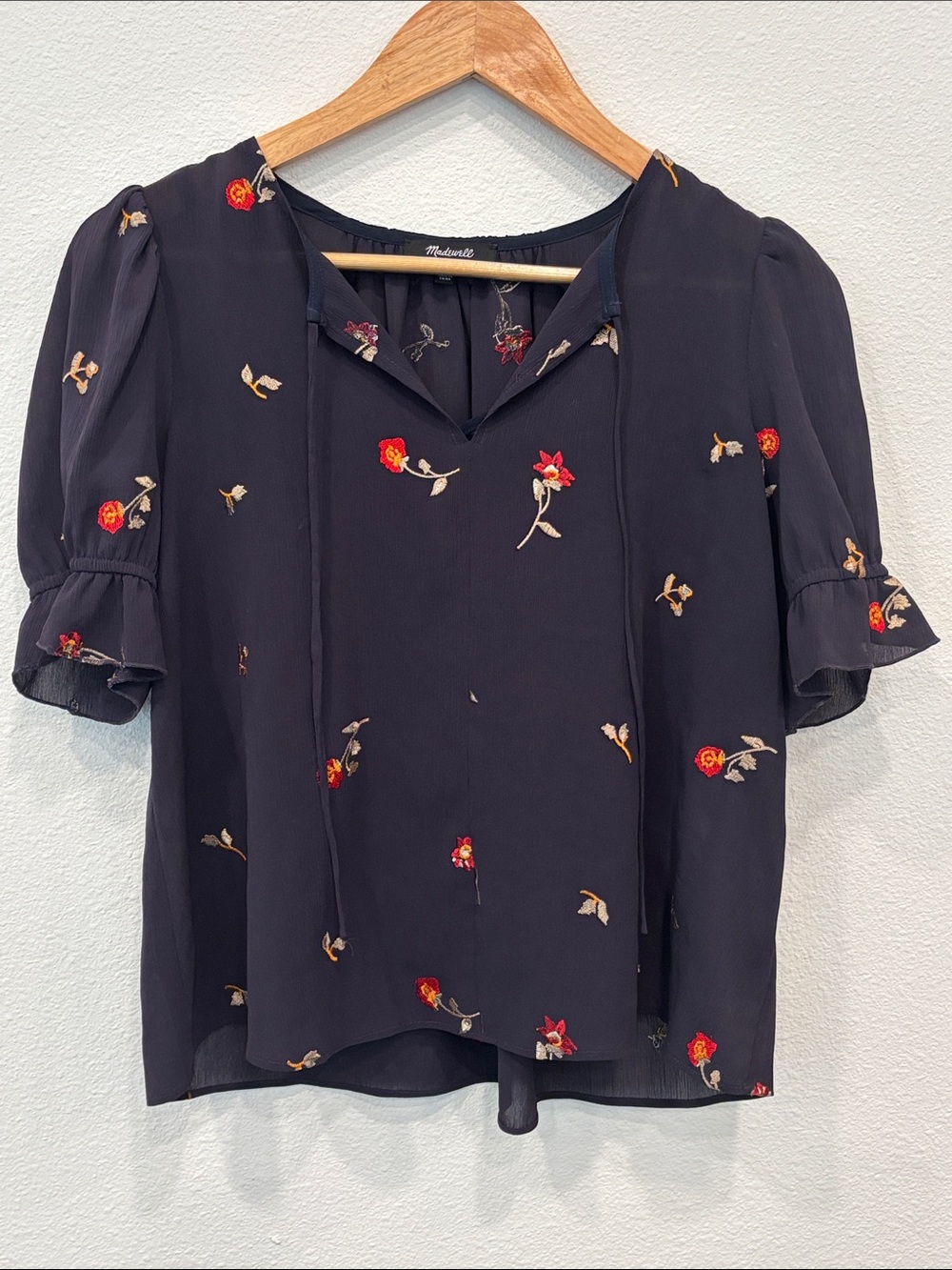 Madewell Navy Floral Tie-Neck Short Sleeve Blouse Women XS